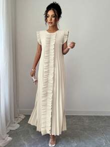 Selianne Váy midi cổ tròn xếp ly giản dị dành cho nữ - Màu be - Xem 3