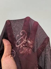 SHEIN EZwear Knitted Burgundy Retro Printed Mesh Camisole Top For Women - Burgundy - View 7