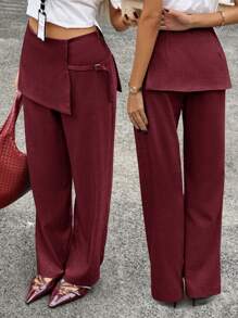 Siren Gaze 时尚双层设计修身裤，灰色女士通勤长裤 - 酒紅色 - 查看 8