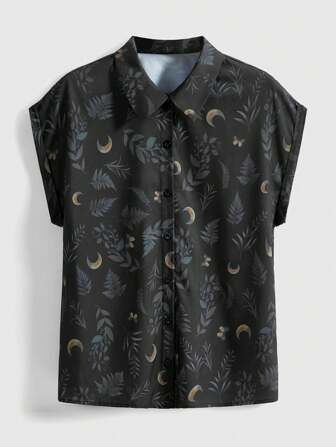Goth Camisa informal de talla grande con estampado de estrella, luna y hojas por toda la prenda para vacaciones