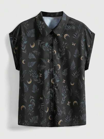 Goth Chemise de vacances tout-aller grande taille avec imprimé tout-sur-tout d'étoiles, de lune et de feuilles sombres