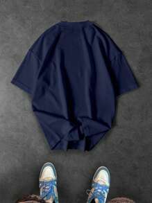 Manfinity Sport Corelite قميص رياضي مطبوع عليه أثقال بياقة دائرية فضفاض قصير الأكمام للرجال قابل للتنفس - أزرق بحري - مشاهدة 2