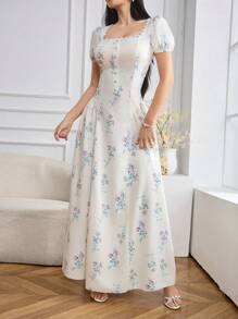 Modelyn 女士花卉印花撞色蕾丝泡泡袖优雅连衣裙 - 白色 - 查看 4