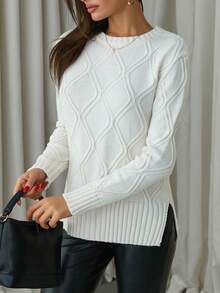 EURMUSE Women Solid Round Neck Split Hem Knit Sweater,Jumper,Cream Jumper,Jumpers,Black Jumper,Womens Jumper,White Jumper,Women's Jumper,Women's Jumpers,Winter Clothes - Cream - View 4