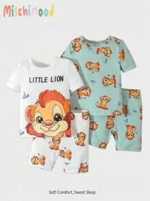寶寶男孩可愛獅子印花短袖短褲兩件套休閒家居套裝緊身