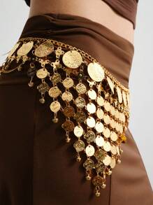 ROMWE Fairycore 1 件女士金色硬币配饰，带铃铛流苏波西米亚链条硬币装饰腰裙连衣裙配饰，百搭，适合日常穿着 - 金色 - 查看 2