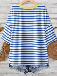 EMERY ROSE Casual Minimalist Blue & Yellow Striped Print Plus Size T-Shirt, Suitable For Summer Beach Resort Suitable For Going Out - Multicolor - View 2