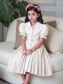 Vestido casual y elegante para niñas preadolescentes de estilo escolar, vestido acampanado con estampado de cuadros violeta, cuello de camisa, mangas abullonadas y cinturón, apto para vacaciones, colegio, primavera/verano