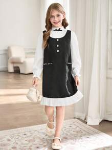 SHEIN 2pcs/Set Pre-Teen Girls Mandarin Collar Solid Color Long Sleeve Top And Sleeveless Ruffle Hem Dress Suit With Mini Bag, Summer - Black - View 1