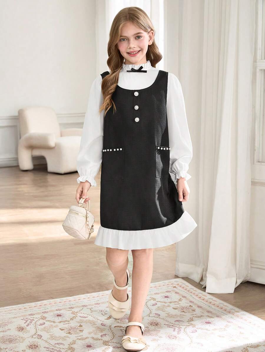 SHEIN 2pcs/Set Pre-Teen Girls Mandarin Collar Solid Color Long Sleeve Top And Sleeveless Ruffle Hem Dress Suit With Mini Bag, Summer - Black - View 1