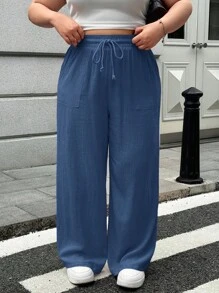 SHEIN EZwear 大码女式纯色抽绳腰口袋阔腿休闲裤 - 霧霾藍 - 查看 1