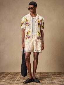 AKNOTIC 2 Stück/Set Herren gestrickte lässige lose Poloshirt mit Kurzarm und gerade geschnittene Short mit Gummibund, geeignet für Sommer, Urlaub, Alltag, Party, Paar-Outfit, Herren Geschenk, Reiseessentials - Aprikosenfarben - Übersicht 2