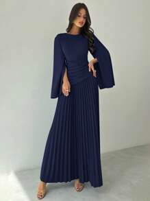 Firerie Đầm Maxi Chữ A Tay Dài Xếp Ly Cạp Cao Thanh Lịch Cho Nữ, Thời Trang Và Trang Nhã, Màu Xanh - Màu xanh hải quân - Xem 4