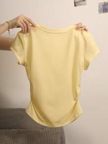 INAWLY Women's Casual Solid Color Ruched T-Shirt, Yellow Top, Versatile For Summer - Yellow - View 2