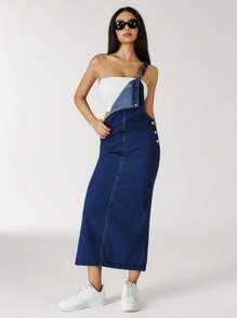 SHEIN ICON Váy denim thường ngày không tay màu xanh dành cho nữ, thời trang mùa hè - Rửa tối - Xem 3