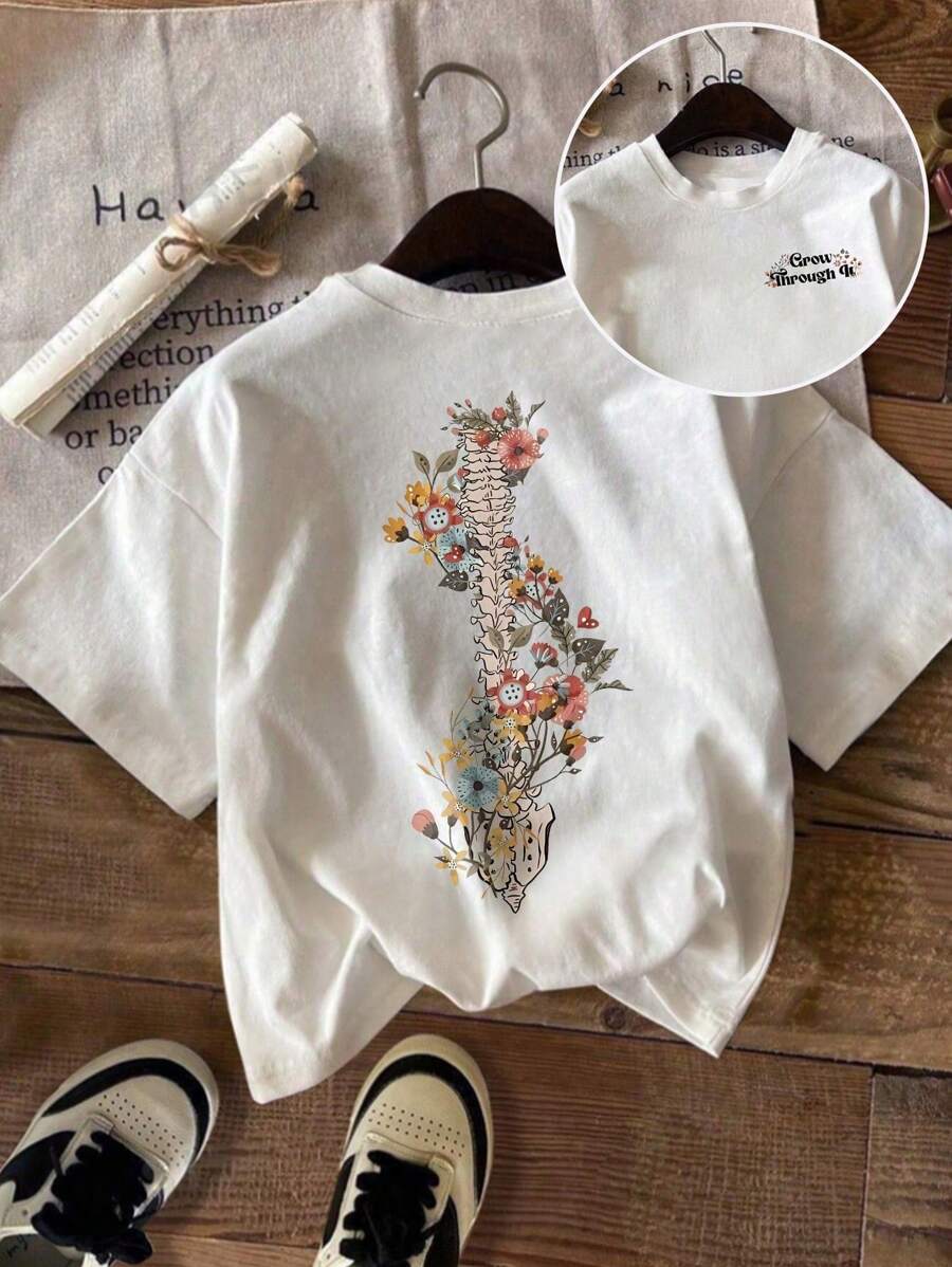 SHEIN EZwear Plus Size Women Floral Print Round Neck Short Sleeve Casual Loose T-Shirt - White - View 1