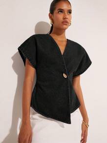 COSMINA Women's Metal Single Button Bat Wing Short Sleeve Fashionable Denim Blouse, Summer - Black - View 6