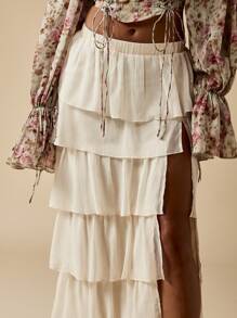 MISSGUIDED Tiered Ruffle Chiffon Maxi Skirt With High Side Split Festival Bohemian Summer Beach Vacation Resort Wear - White - View 4