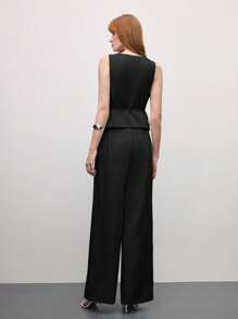 BizChic 2 Pieces Women's Romantic Elegant Sleeveless Tie Front Bow Design Pockets Jumpsuit, Versatile For Business Casual, Daily Commute, Suitable For Office Wear