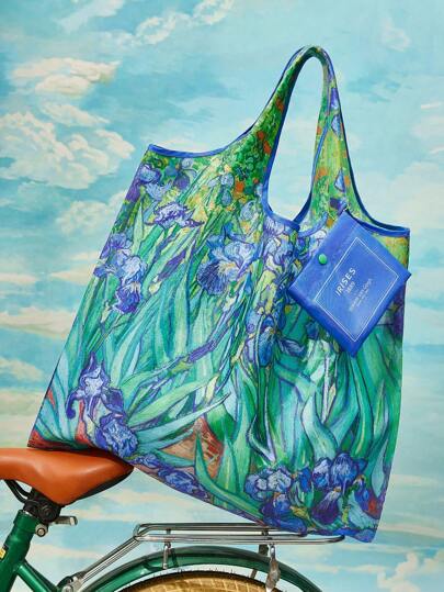SHEIN Touch of Art 1 Pc Artist Iris Print Polyester Foldable Shopping Bag, Tote Bag, Beach Bag, Comes With A Small Storage Bag With Beaded Chain To Hang On The Bag, Van Gogh, Flowers, Art, Elegance,Summer Outfits, Spring Outfits,Beach, Vacation, Flower