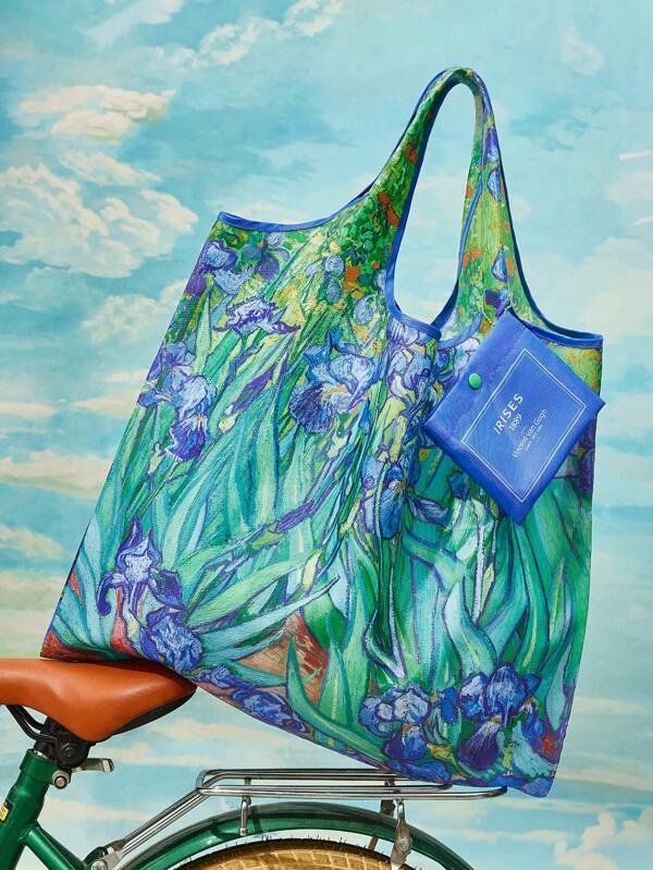 SHEIN Touch of Art 1 geantă de cumpărături pliabilă din poliester cu imprimeu de irisuri de artist, geantă tote, vine cu o geantă mică de depozitare cu lanț cu mărgele pentru a fi agățată de geantă, Van Gogh, flori, artă, eleganță