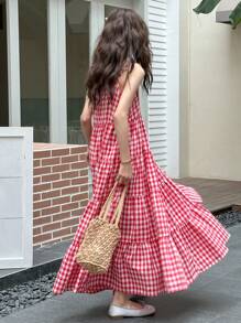 DAZY 少女梭织格子吊带裙，夏季 - 紅色 - 查看 7