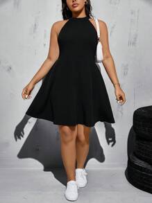 SHEIN Essnce Plus Size Women's Spring And Summer Fashion Casual Comfortable Daily Sleeveless Waist Black Short Dress,Y2k Clothes,Street Wear,Going Out Outfits,Cruise Women Outfits,Curve Cute Dress,Homecoming Dress,Back To School