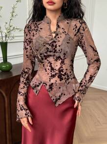 EastFlair Women Vintage Floral Print Asymmetric Hem Button Decor Blouse - Multicolor - View 3