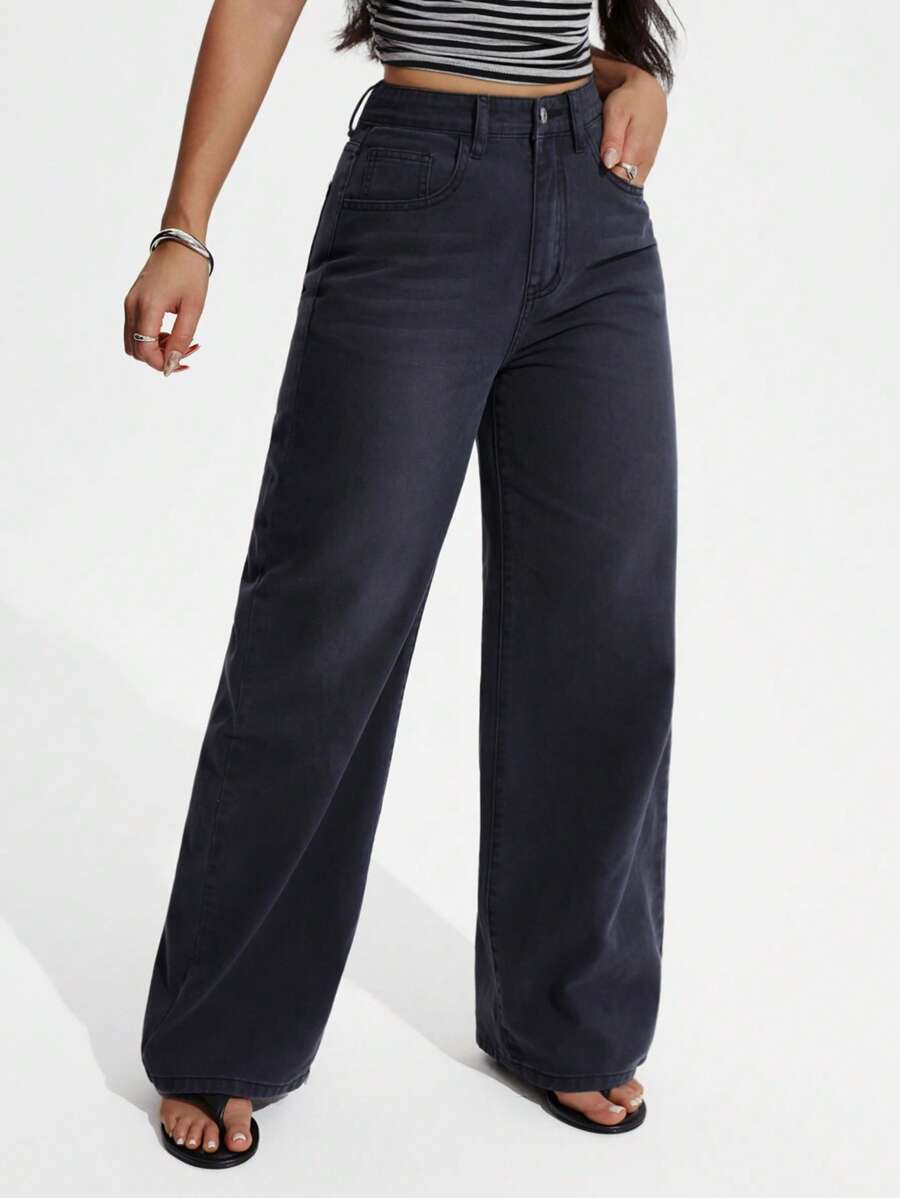 SHEIN EZwear 女式宽松阔腿牛仔裤，带口袋，休闲百搭