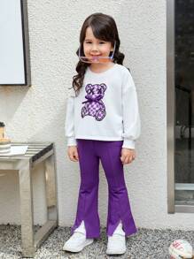SHEIN Sudadera Con Hombros Caídos Y Dibujo Animado Para Niña Y Pantalones Con Dobladillo Dividido