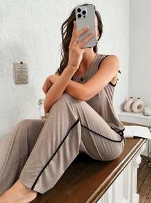 SHEIN Bộ đồ ngủ nữ gồm áo cardigan màu trơn đơn giản và quần dài, trang phục mặc nhà thường ngày - Màu Khaki - Xem 3