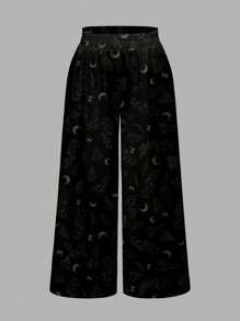 ROMWE Quần dài màu đen in hình mặt trăng và lá theo phong cách Hippie Gothic dành cho nữ - màu đen - Xem 1