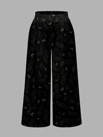 Goth Loose Gothic Moon & Leaf Print Casual Hippy Style Women Black Pants