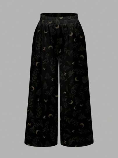 Goth Pantalones negros sueltos de estilo hippy casual con estampado de luna y hojas, estilo gótico para mujer