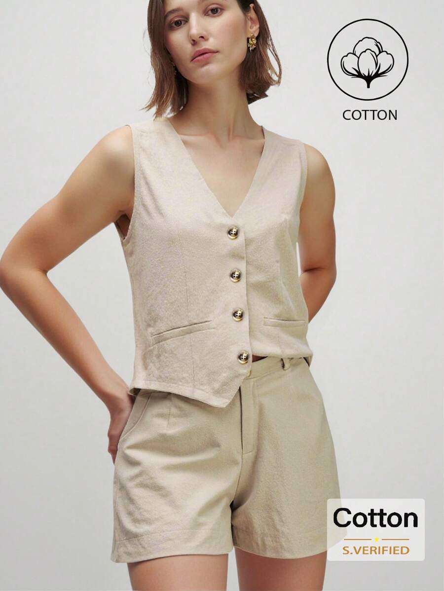 Airaco 2 件套女士休闲纽扣背心和短裤套装，夏季时尚 - 卡其色 - 查看 1