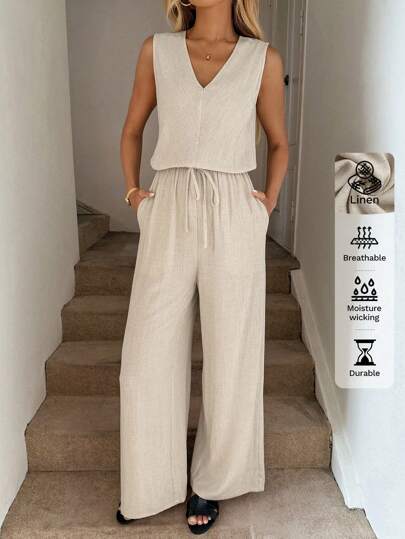 Easowa Mono sin mangas con pantalón de pierna ancha, cuello en V, lazo decorativo en la cintura, bolsillos laterales, traje casual elegante para vacaciones de primavera y verano para mujer