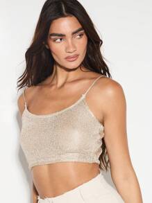 KIZN 金属卢勒克斯针织吊带短款上衣节日派对装无袖闪光短款背心晚间舞蹈俱乐部装 - 香檳色 - 查看 5