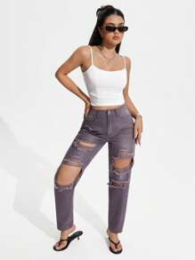 SHEIN EZwear 女式休闲纯色做旧磨边直筒牛仔裤 - 灰色 - 查看 3