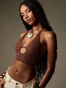 MISSGUIDED 钩针针织露背短款上衣节日波西米亚风系带文胸无袖夏季海滩针织品手工设计 - 棕色 - 查看 1