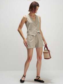 Airaco 2 件套女士休闲纽扣背心和短裤套装，夏季时尚 - 卡其色 - 查看 5