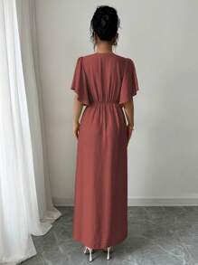 Elenzga Váy chữ A cổ chữ V thanh lịch giản dị dành cho nữ có cạp chun, viền xẻ, nút cài, tay bồng, thích hợp cho tiệc trà chiều, tiệc tùng, kỳ nghỉ, đi làm, màu trơn, xuân/hè - Rỉ Nâu - Xem 2