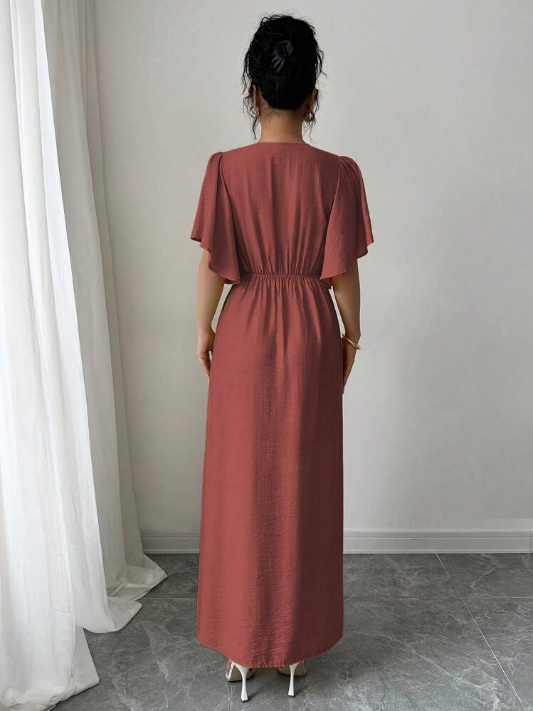 SHEIN Elenzya Abito casual ed elegante da donna con scollo a V, vita cinturata, orlo con spacco, dettaglio con bottone, maniche a palloncino, adatto per il pomeriggio del tè, feste, vacanze, pendolarismo, monocromatico, primavera/estate - Marrone ruggine - Visualizzare 2