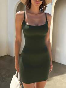 INAWLY Women's Solid Color Camisole Dress, Minimalist & Fashionable For Casual Daily Wear - Olive Green - View 6