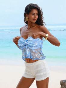 Opulessa Áo crop top xoắn trang trí applique cho nữ, gợi cảm/khoe vòng eo - Màu xanh lam - Xem 6