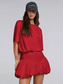 Athîral 女式纯色圆领落肩泡泡袖迷你连衣裙 - 紅色 - 查看 3