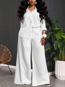Slaydiva Set de 2 piese pentru femei, mărime plus, primăvară/vară - cămașă lejeră, cu mânecă lungă, de culoare albă, cu imprimeu floral, pantaloni extra lați, ultra lungi, ținută elegantă pentru naveta și vacanță, casual și zilnică, set de două piese pentru femei - alb - Vizualizare 3