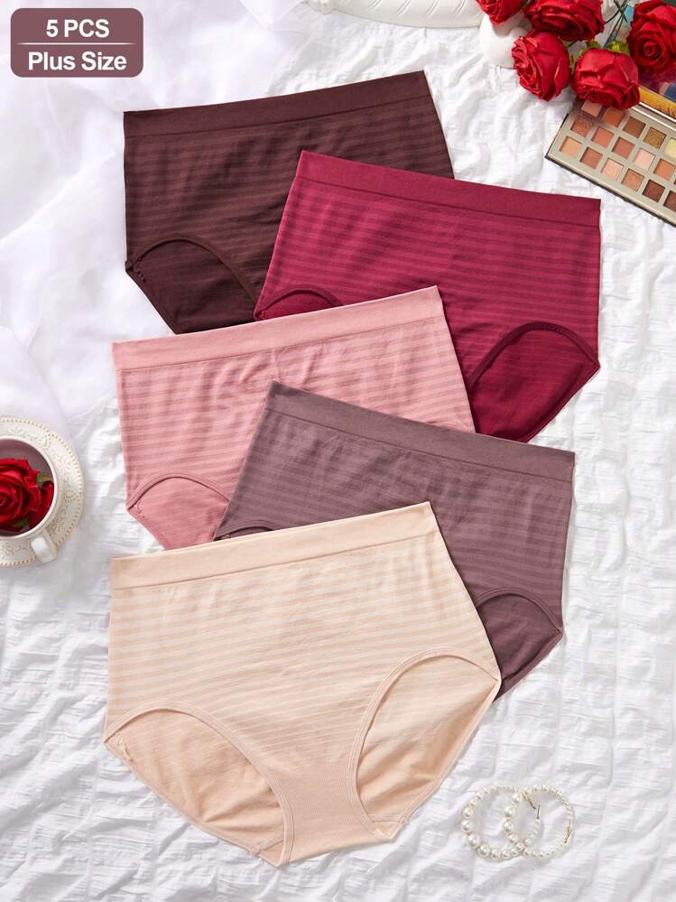 NudeFit 5 piezas Bragas sin costuras estampadas a rayas de talla grande y cintura alta cómodas y elásticas para mujer - Multicolor - Añade 3