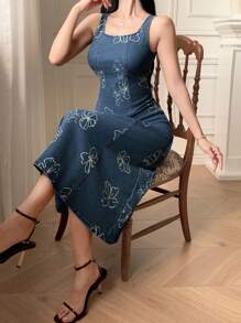 DAZY Sleeveless Floral Print Square Neck Women Denim Dress Summer Women Dresses - Medium Wash - View 6