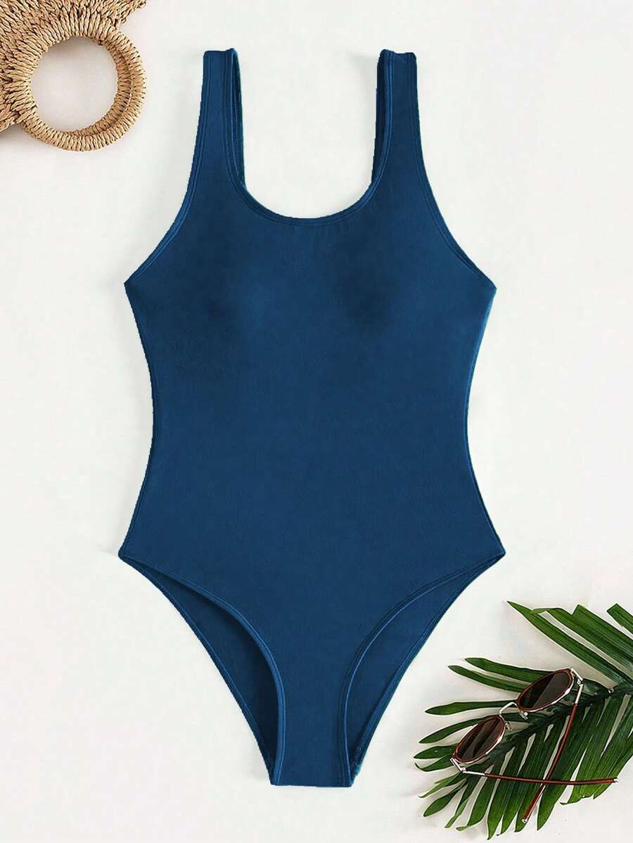 Swim Vcay 女士纯色连体泳衣,休闲海滩风格,夏季 - 水鴨藍 - 查看 1