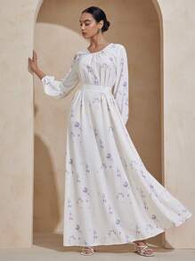 Graceveil Damen Kleid mit digitalem Muster, Rundhalsausschnitt, Langarm, Gürtel, schlicht & elegant im arabischen Stil